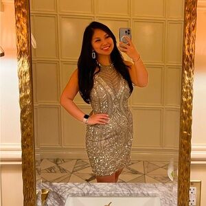 Beaded sparkly silver cocktail dress halter